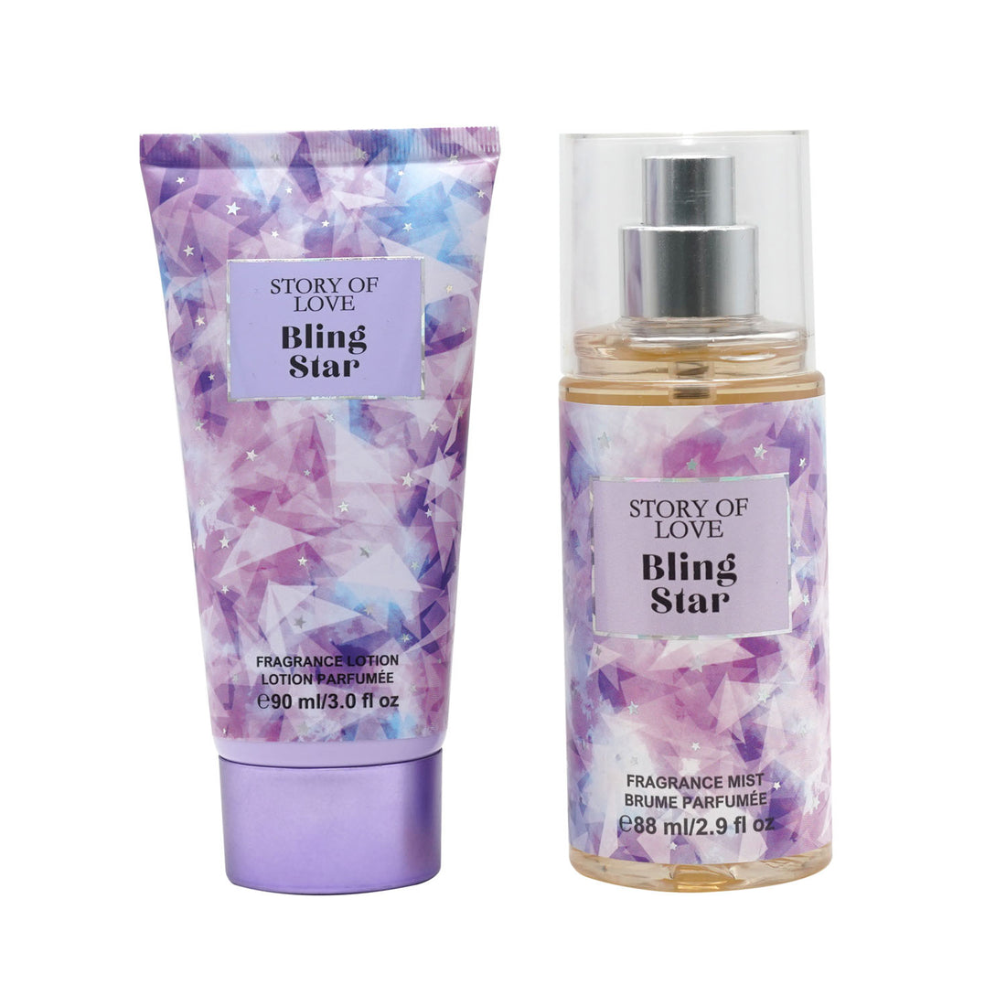 Perfume lotion and fragrance mist bottles with silver caps, purple geometric design