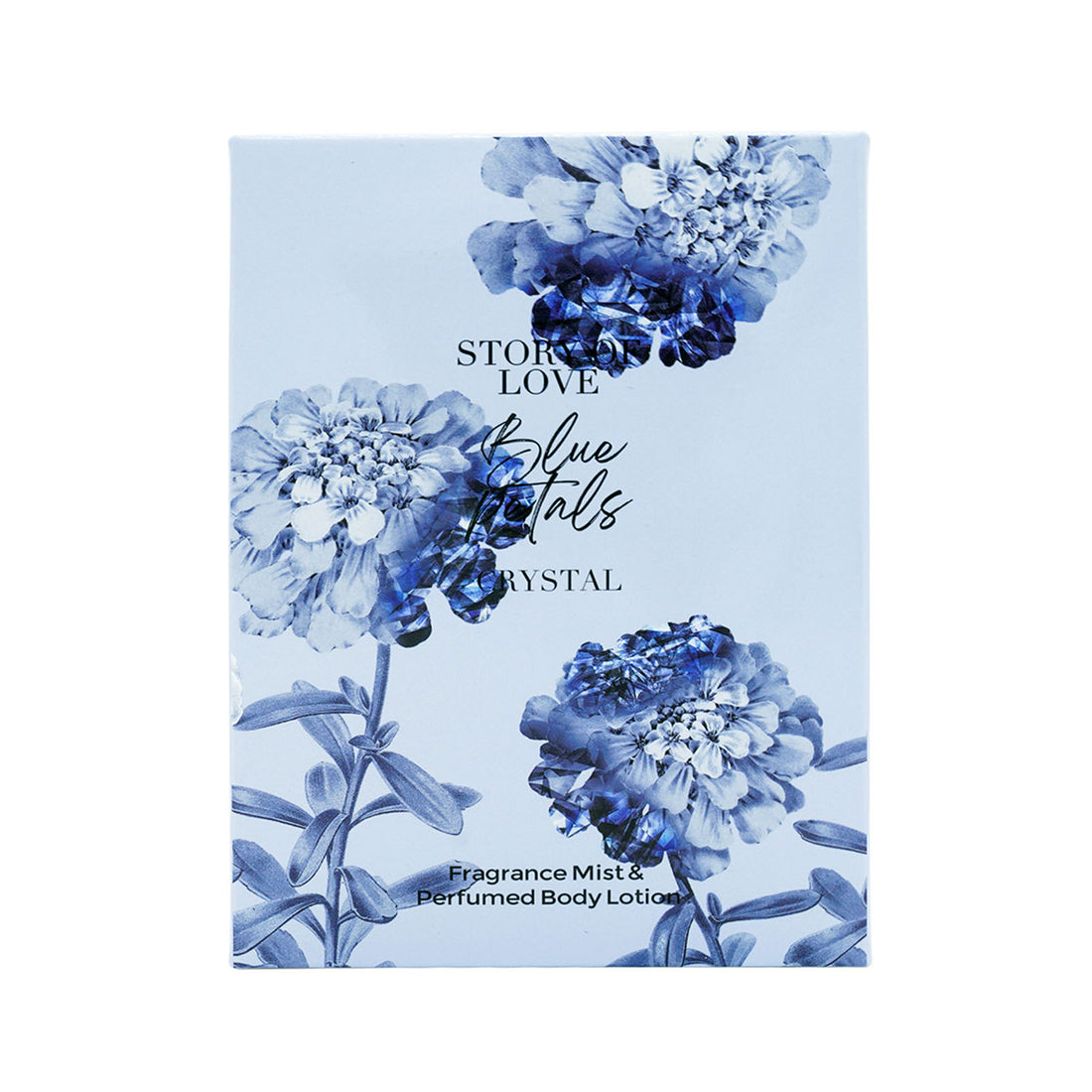 Blue floral perfume gift box with text and flower graphics