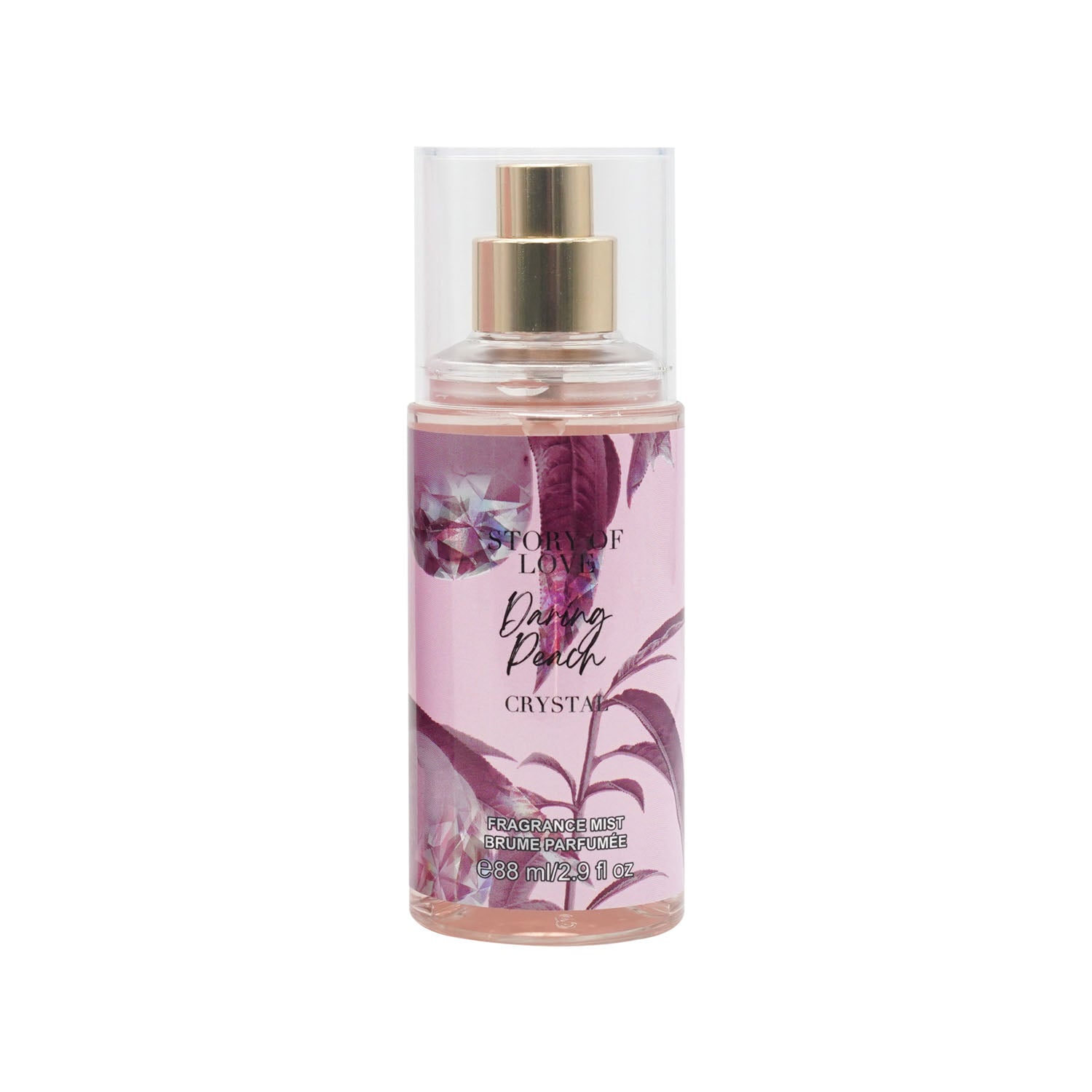 Clear pink perfume bottle with gold pump, Daring Peach Crystal label.