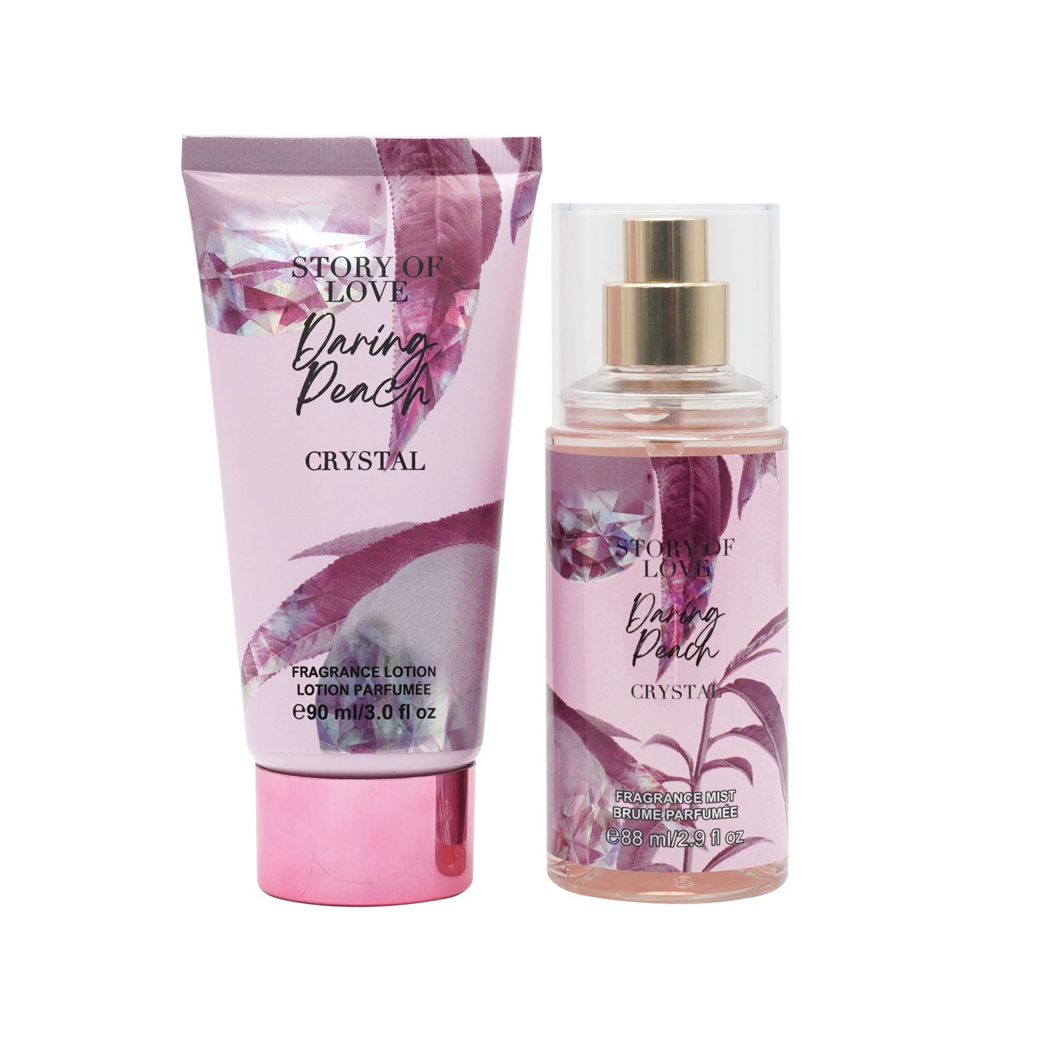 Pink floral fragrance lotion tube with gold cap, labeled Daring Peach Crystal.