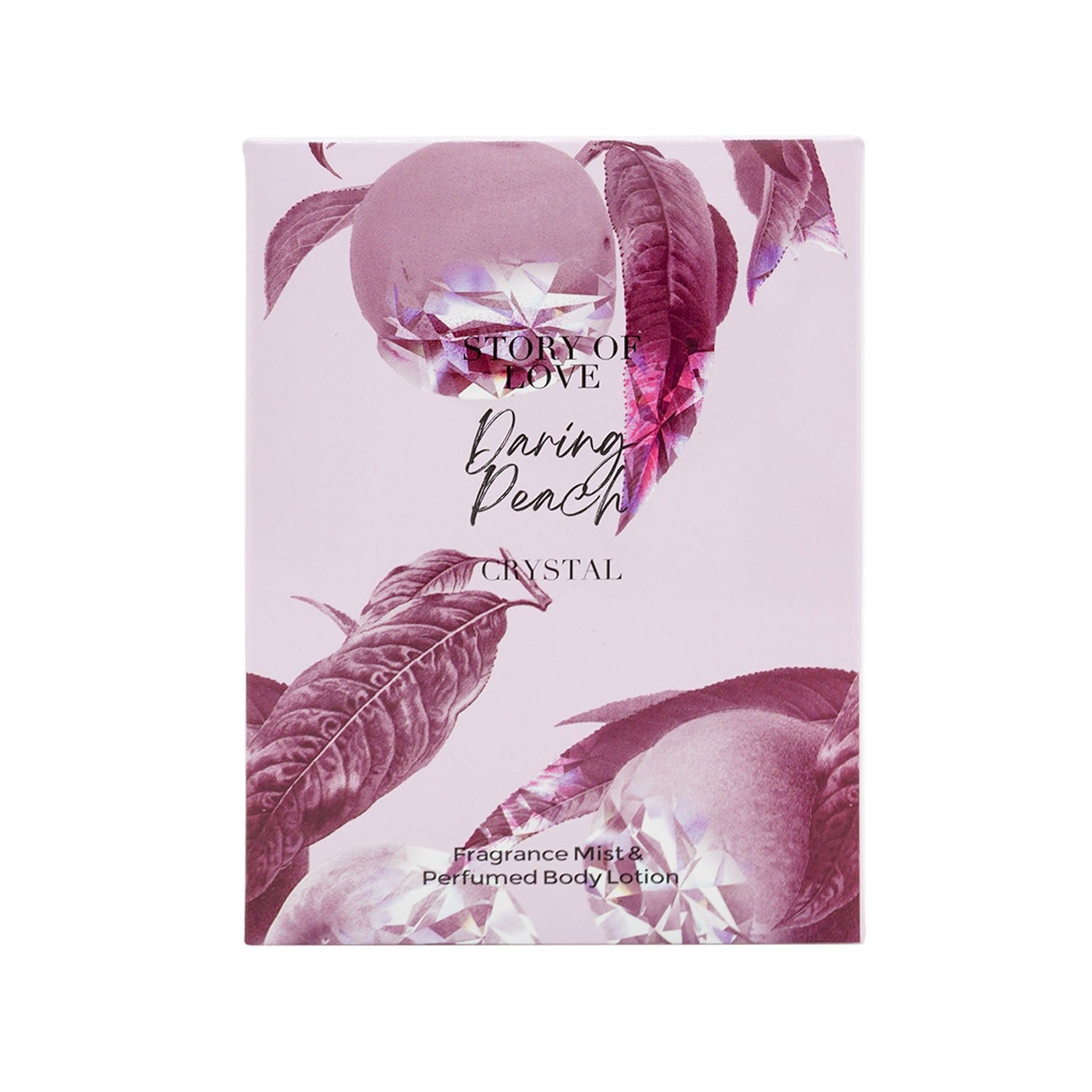 Daring Peach Crystal fragrance gift bag with purple leaf and peach graphics.