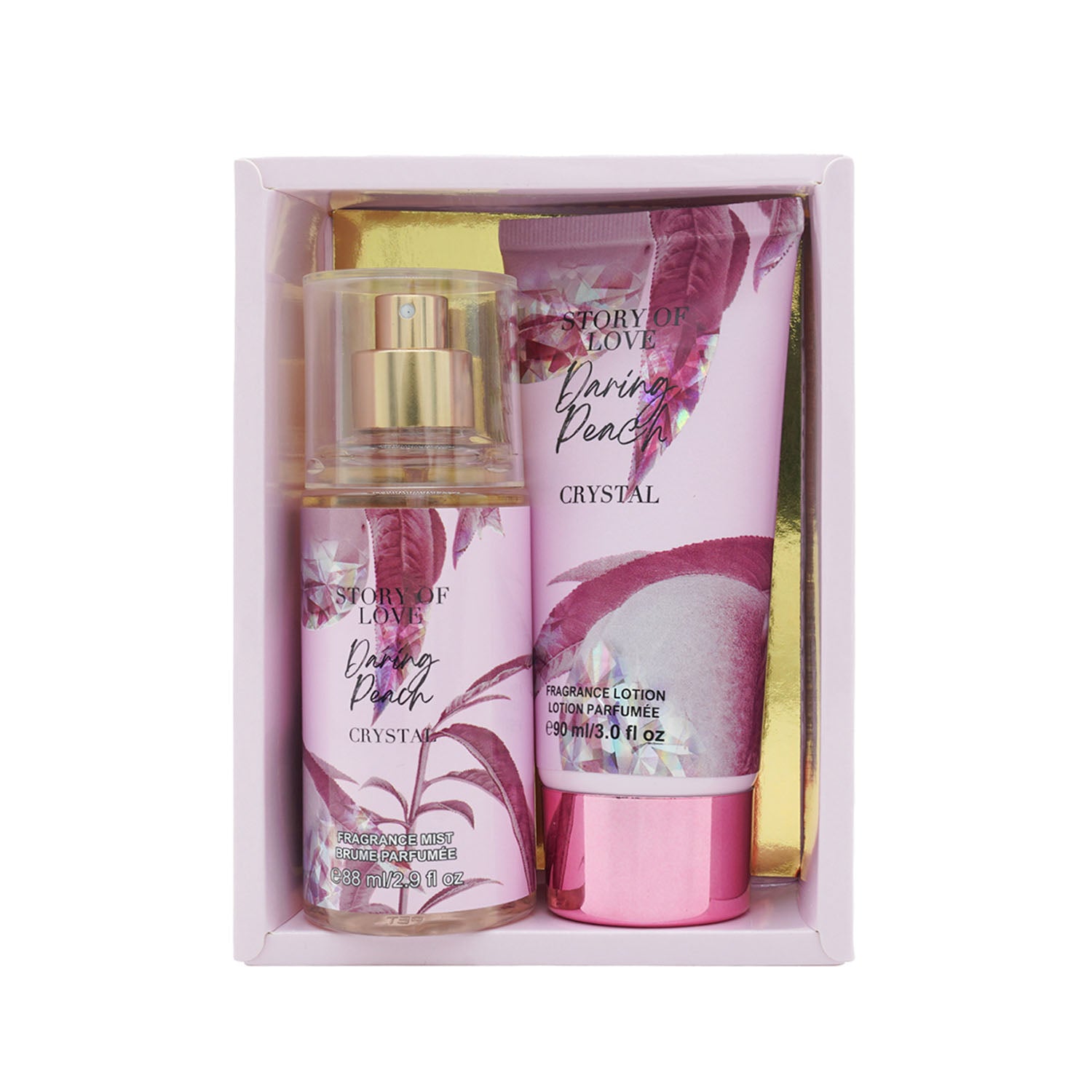Daring Peach Crystal perfume and lotion set in open gift box.