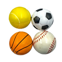 Four bouncy balls: yellow, soccer, orange basketball, cream baseball
