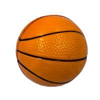 Orange bouncy ball with black basketball stripe lines