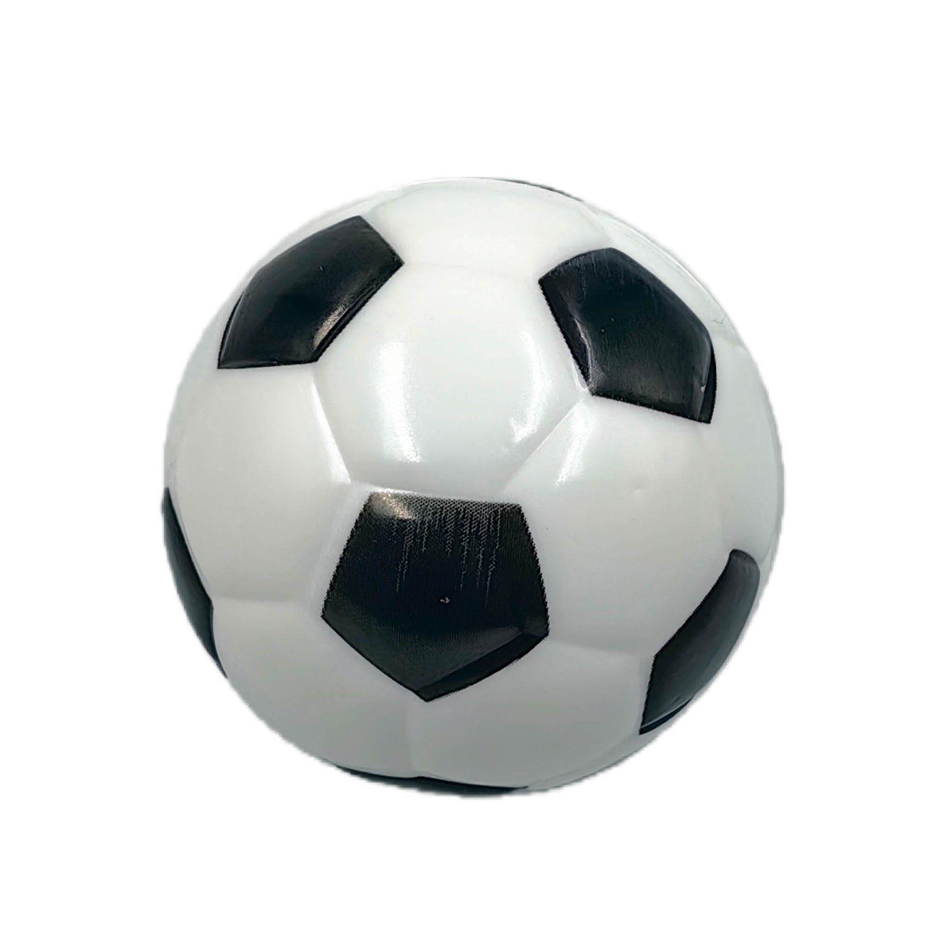 White bouncy ball with black soccer ball panels