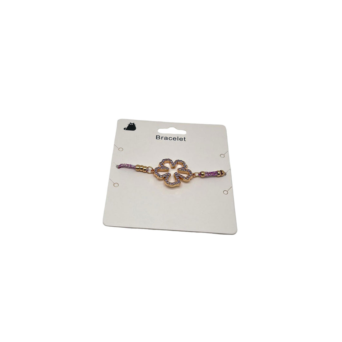 Beaded charm bracelet with purple cord, gold-tone clover centerpiece and toggle beads