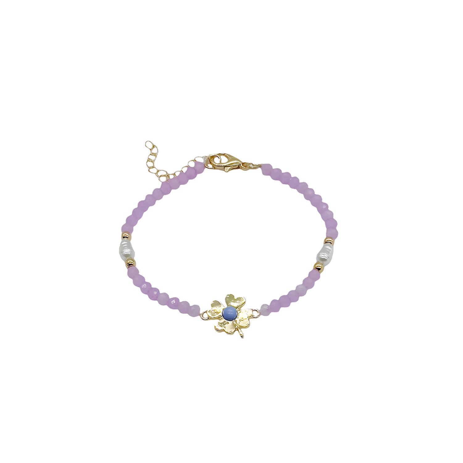 Purple Beaded Bracelet with Four-Leaf Clover Charm