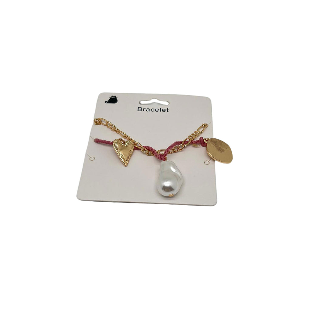 Gold-tone charm bracelet with red cord on card, featuring triangle, coin, and pearl charm