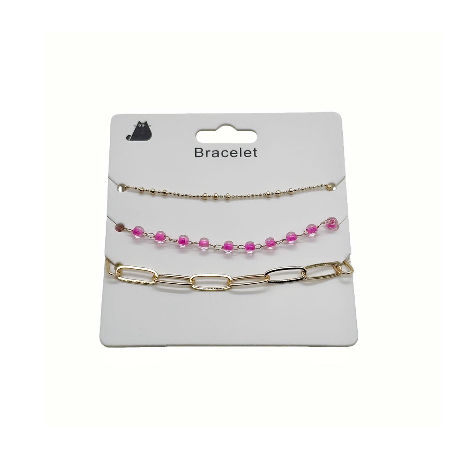 Gold-tone bracelet with pink beads and chain link segments