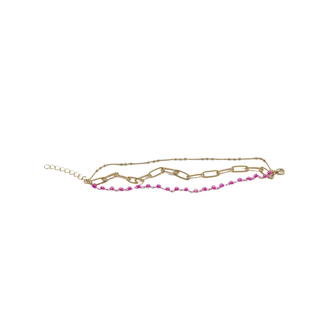 Gold-tone chain bracelet with pink bead row and curved links