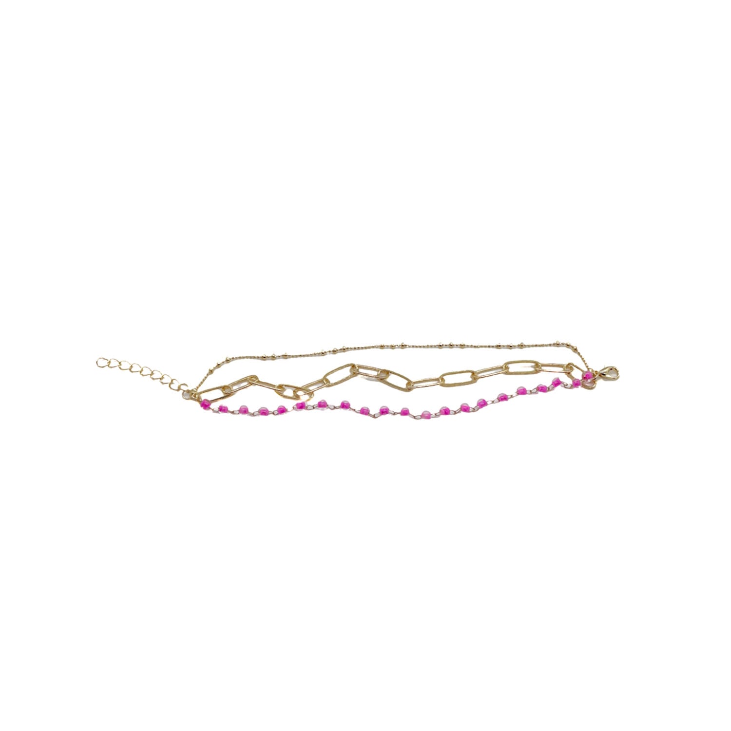Gold-tone chain bracelet with pink bead row and curved links