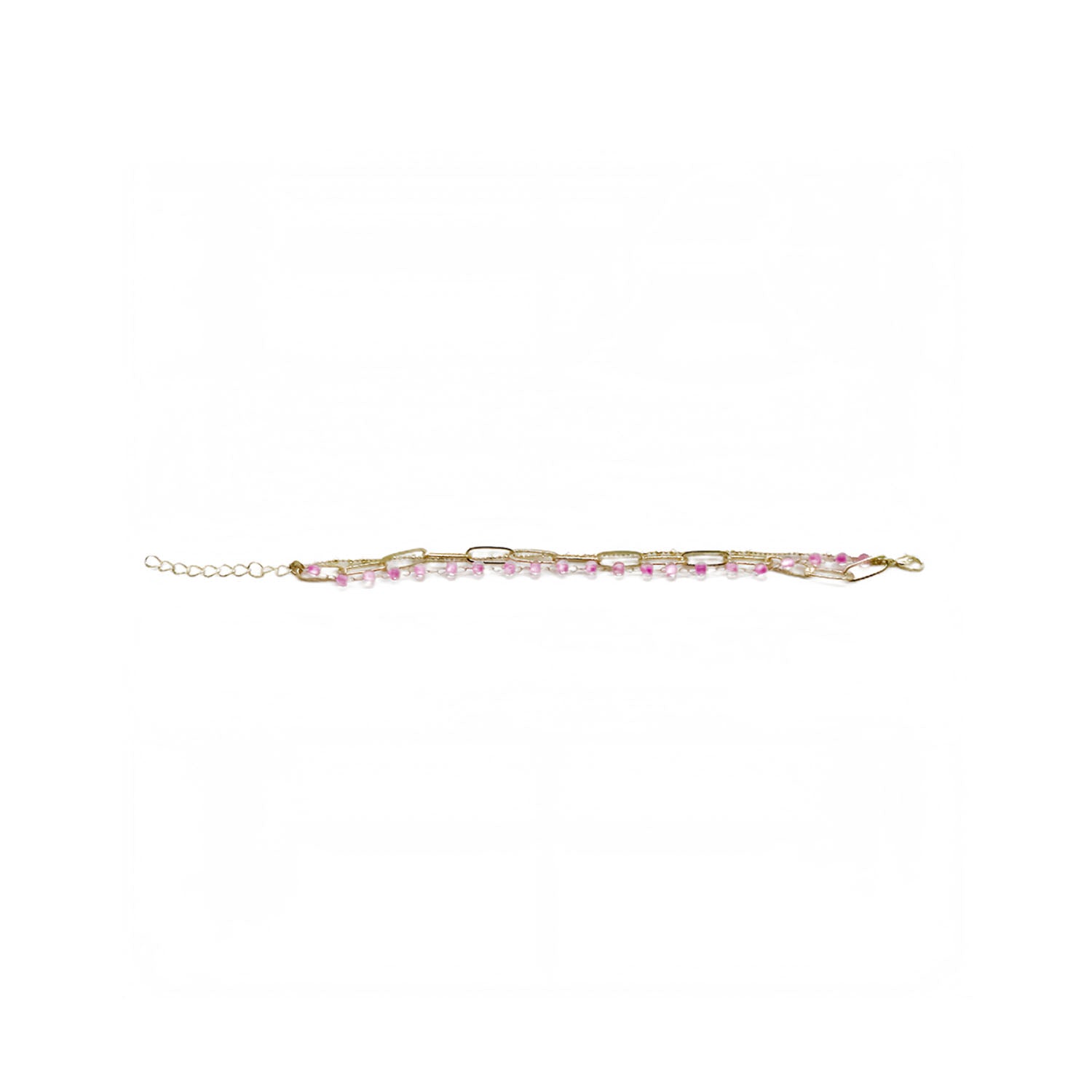 Gold-tone bracelet with pink bead rows and slim chain band