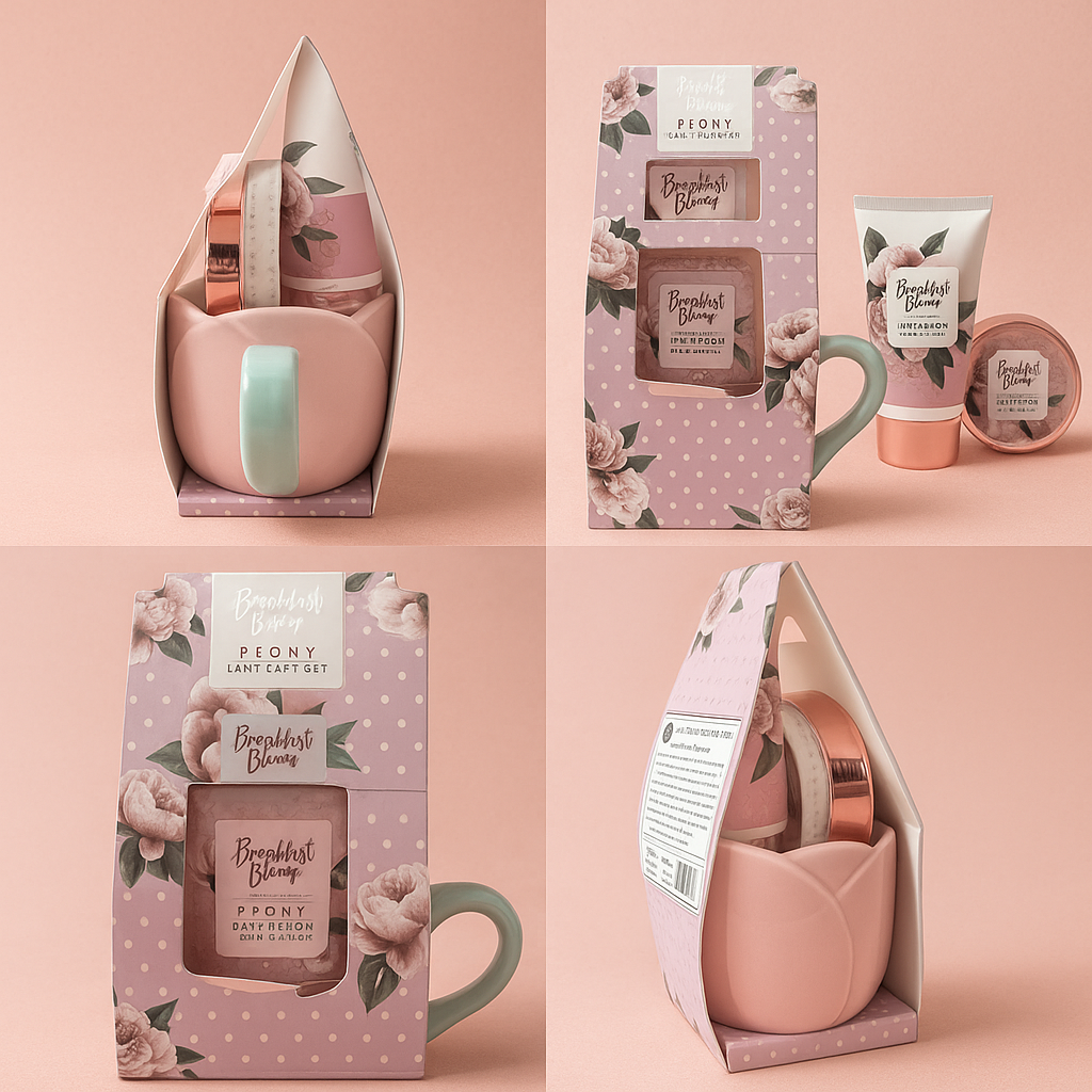 Gift set box with pink mug, hand cream tube, and body scrub jar in floral design.