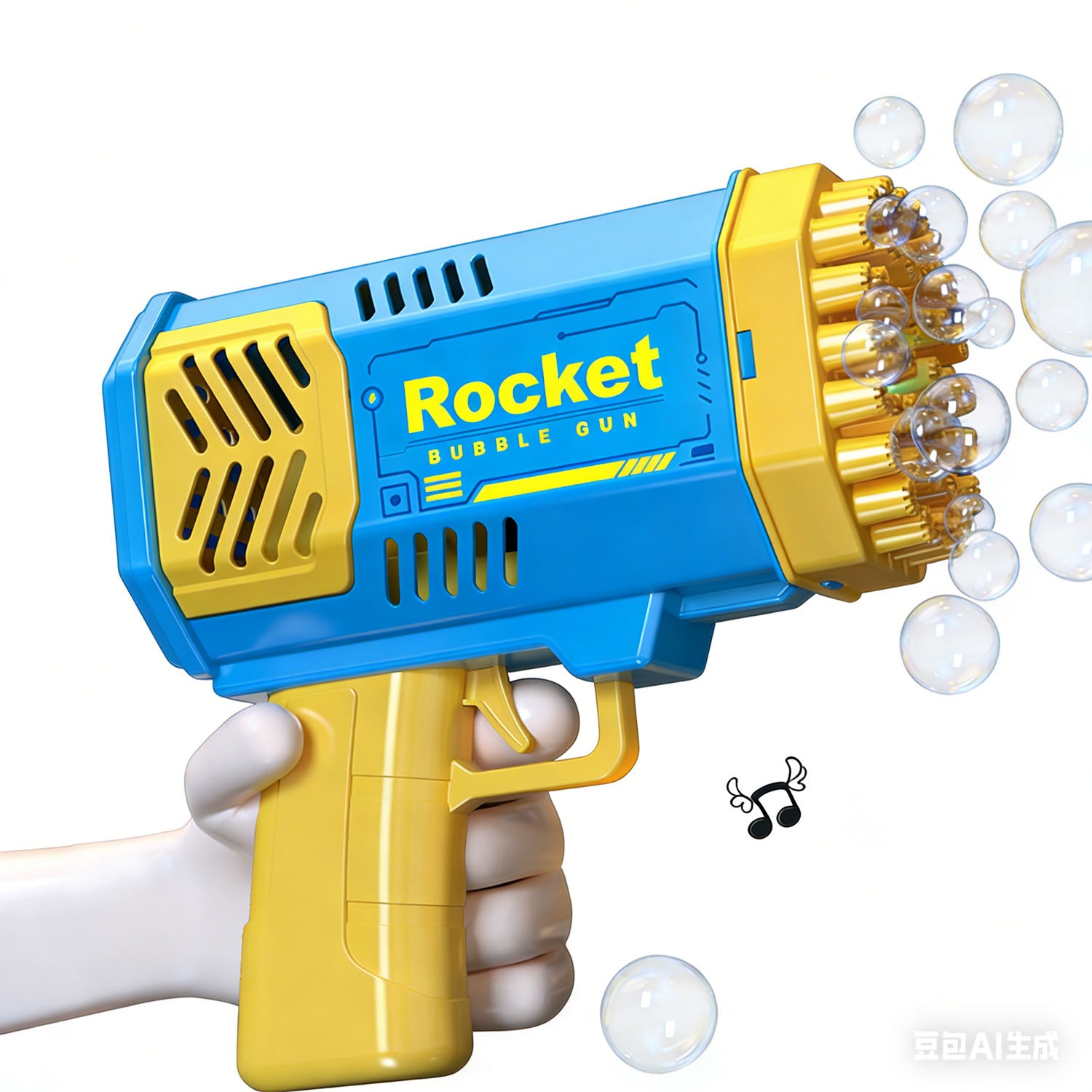 Blue Rocket bubble gun held forward, nozzle spraying clear bubbles