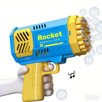 Blue Rocket bubble gun held forward, nozzle spraying clear bubbles