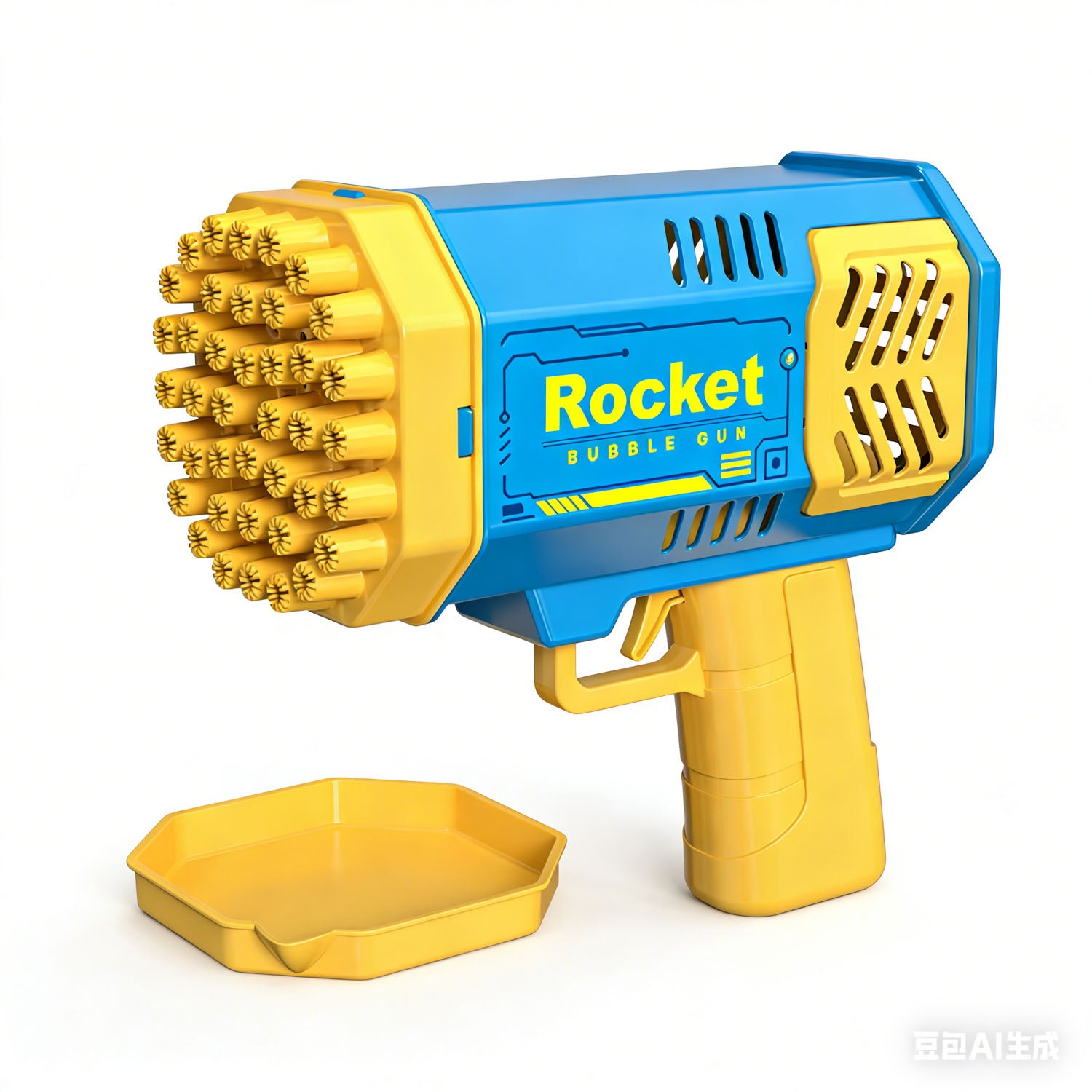 Blue and yellow Rocket bubble gun with included yellow tray for bubble capture