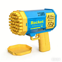 Blue and yellow Rocket bubble gun with included yellow tray for bubble capture