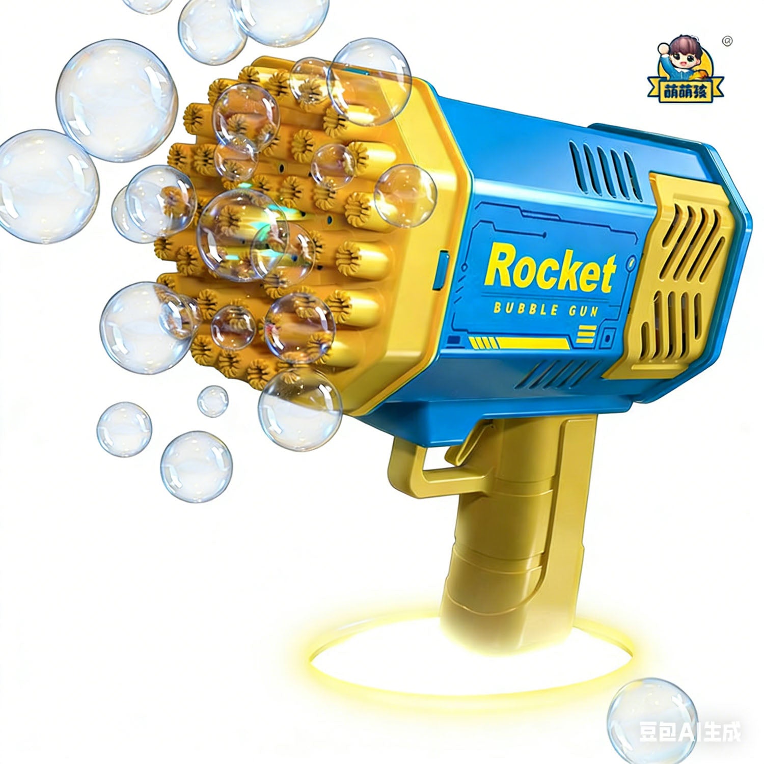 Blue and gold Rocket bubble gun with bubbles bursting around the nozzle
