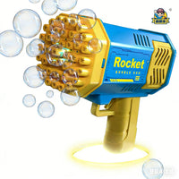Blue and gold Rocket bubble gun with bubbles bursting around the nozzle