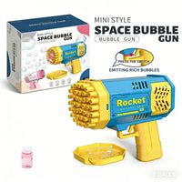 Mini space bubble gun toy, blue and yellow Rocket design, press-switch button