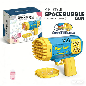 Mini space bubble gun toy, blue and yellow Rocket design, press-switch button