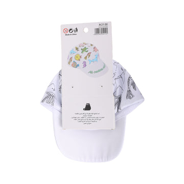 White printed fabric cap with whale and sea-animal outlines, packaged with instructions