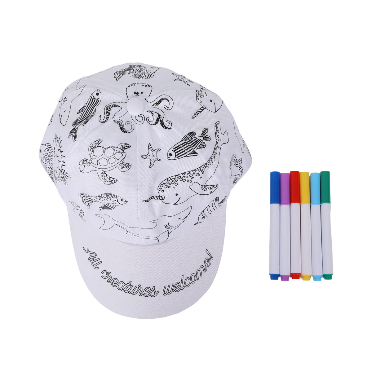 White ocean animal printed fabric cap with fabric marker pens, front view