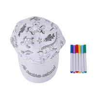 White ocean animal printed fabric cap with fabric marker pens, front view