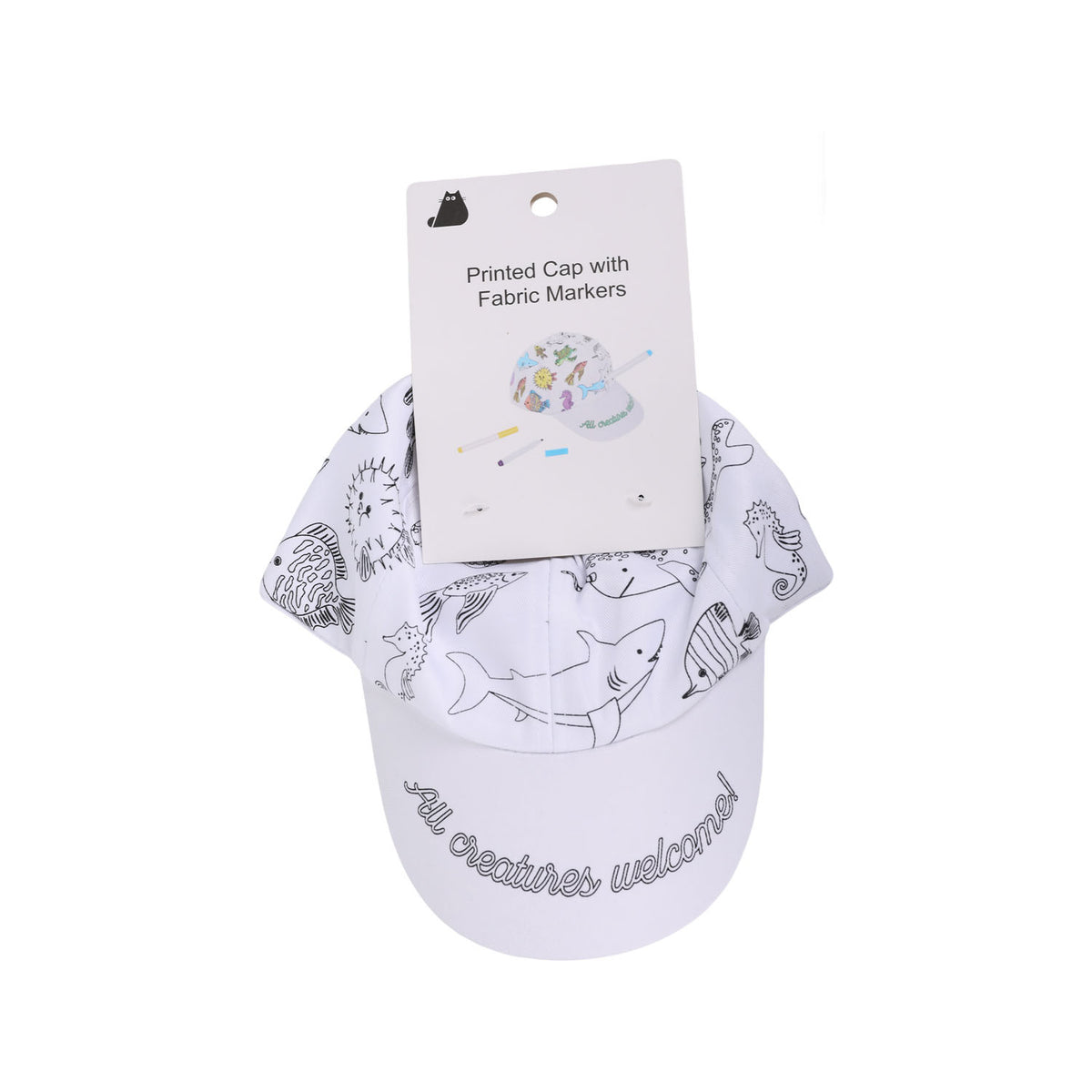 White printed fabric cap with sea-creature outlines, shown with fabric markers card