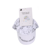 White printed fabric cap with sea-creature outlines, shown with fabric markers card