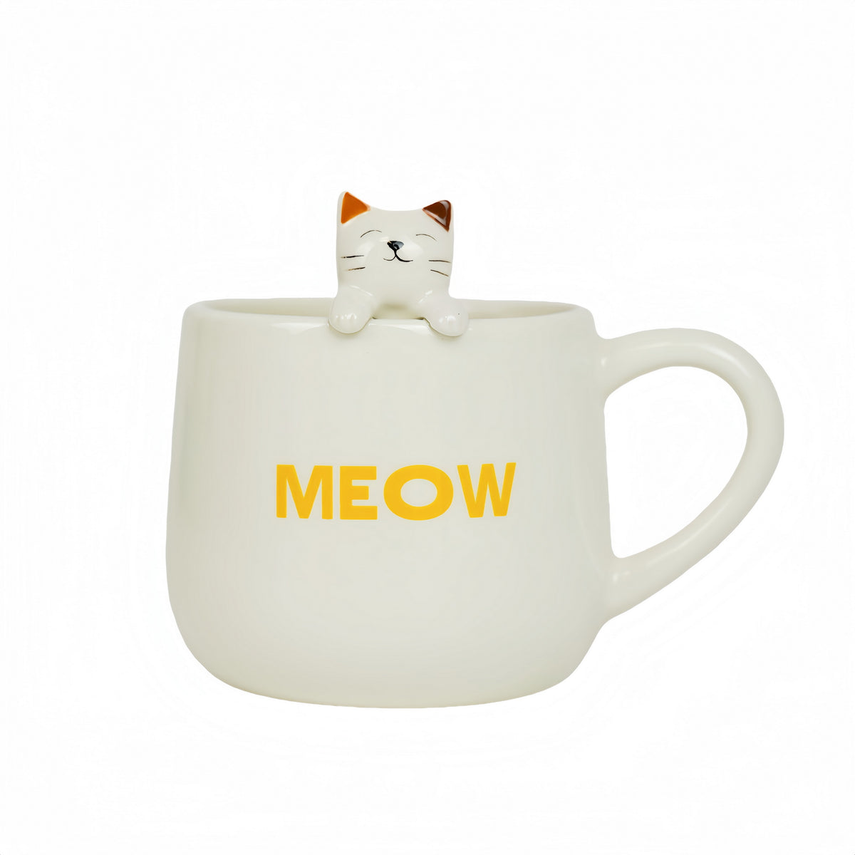White ceramic cup with cat on rim and orange 'MEOW' lettering, rounded mug and handle