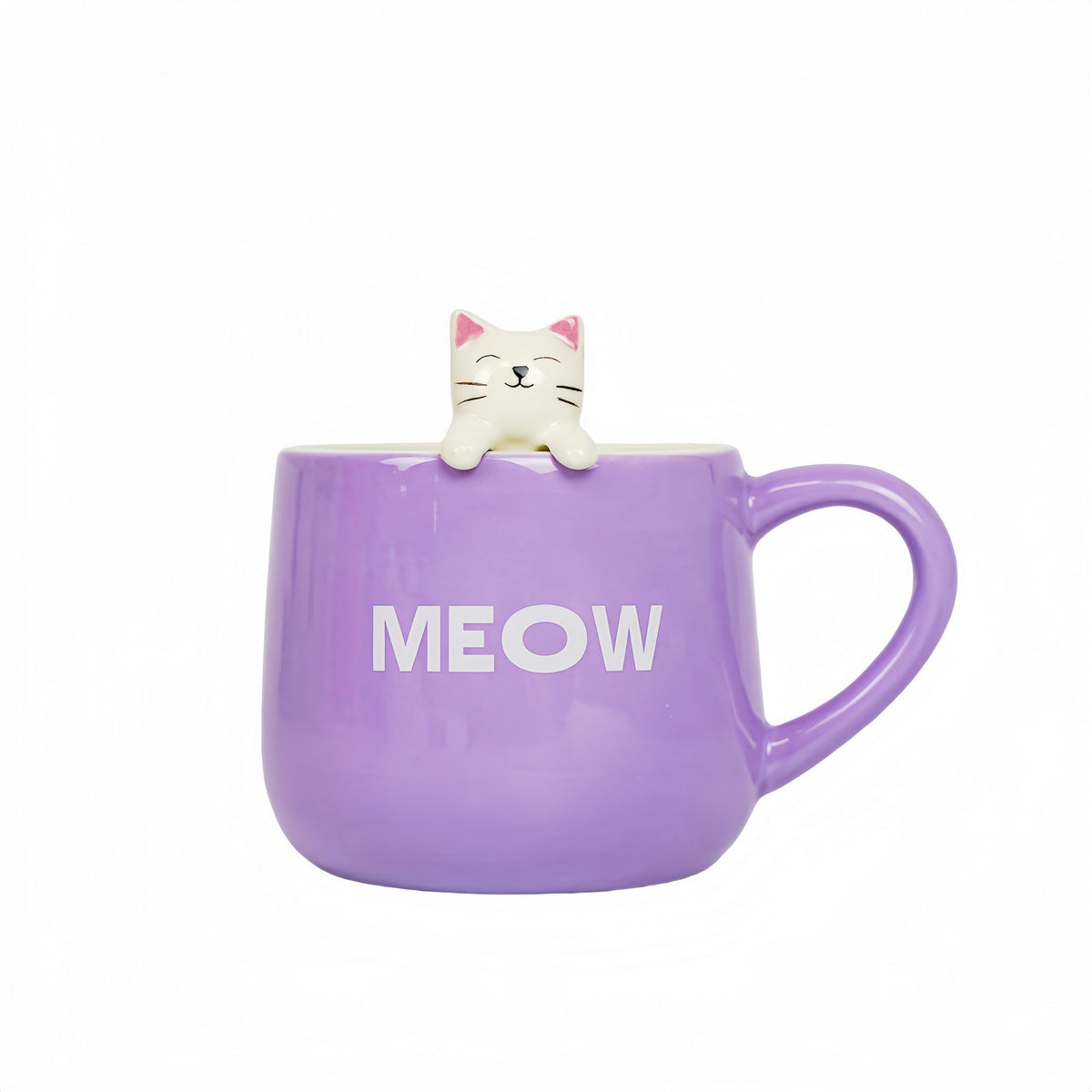 Purple ceramic mug with cat topper and large 'MEOW' lettering.