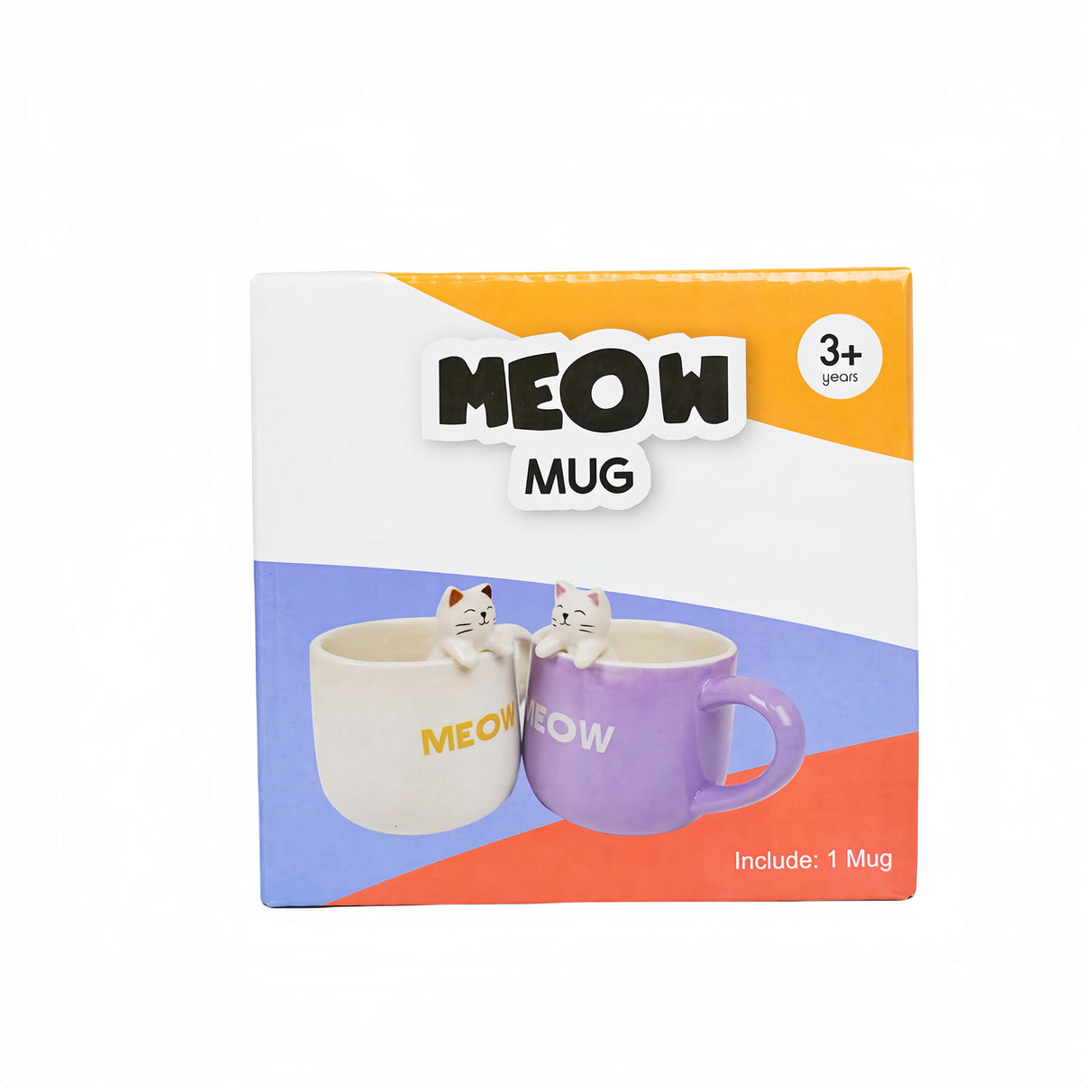 MEOW mug gift box with two cat mugs, includes 1 mug.
