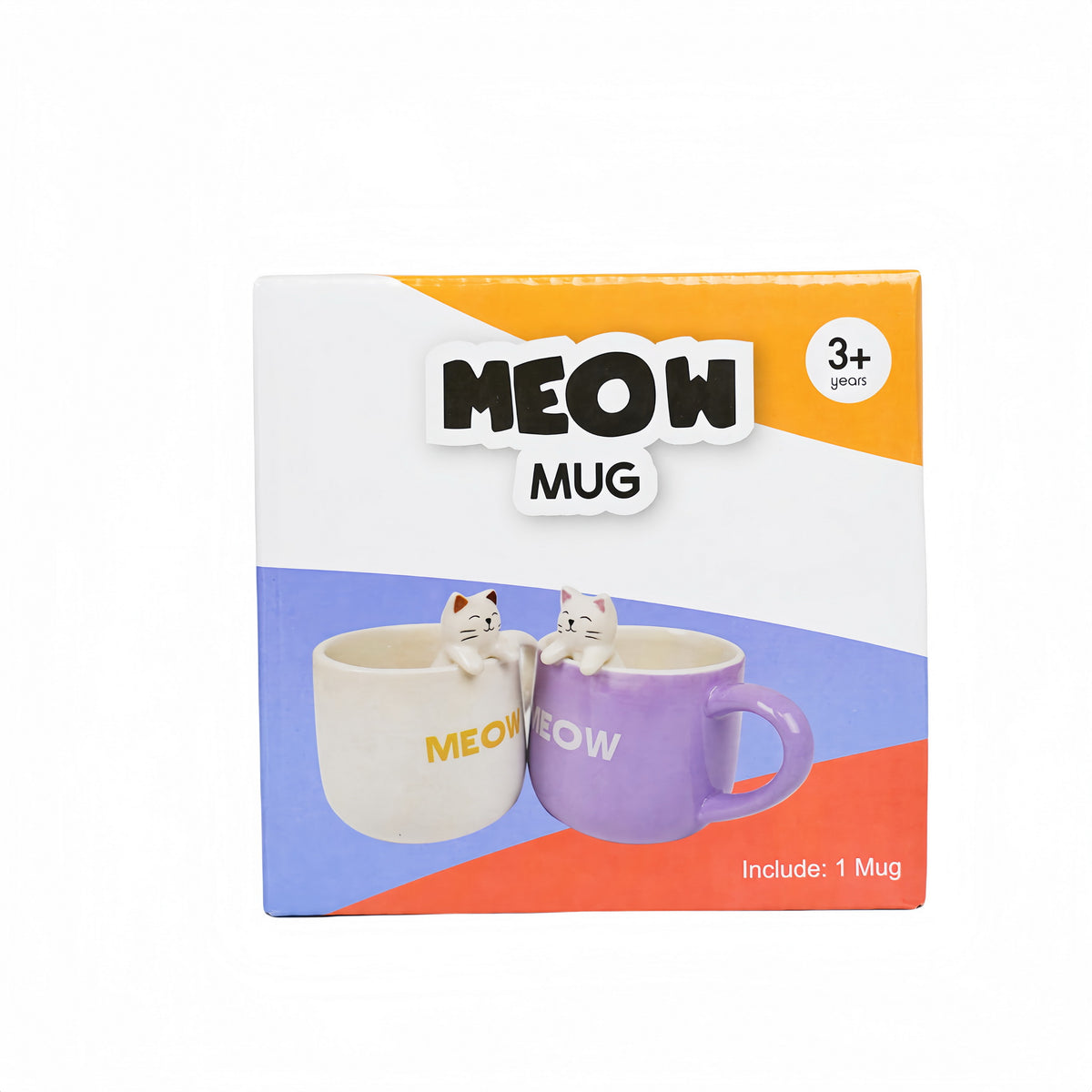 MEOW mug gift box showing purple and white cat ceramic cups.