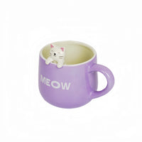 Purple ceramic mug with cat topper and 'MEOW' text on front.