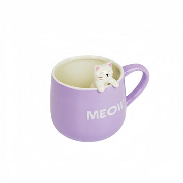 Purple ceramic mug with cat topper and 'MEOW' print.