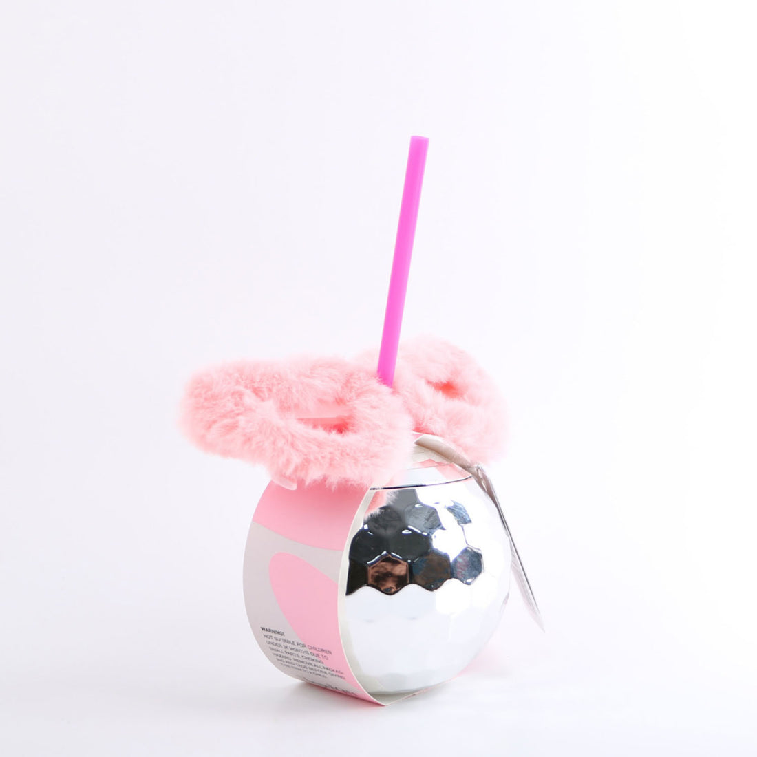 Disco ball tumbler with pink fuzzy bow and pink straw, mirrored surface with side sticker
