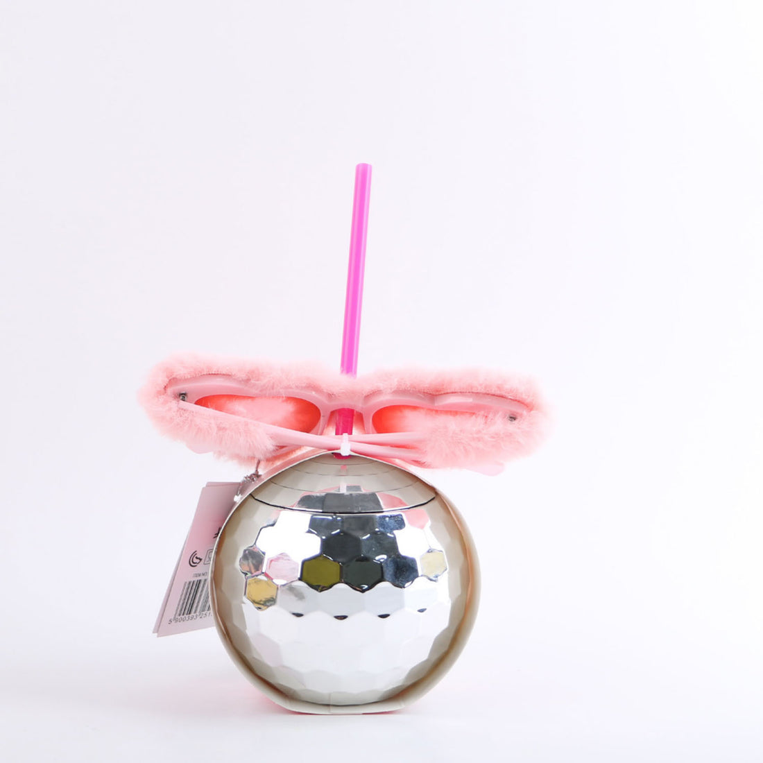 Disco ball tumbler with pink fuzzy bow, mirrored ball body, and pink drinking straw
