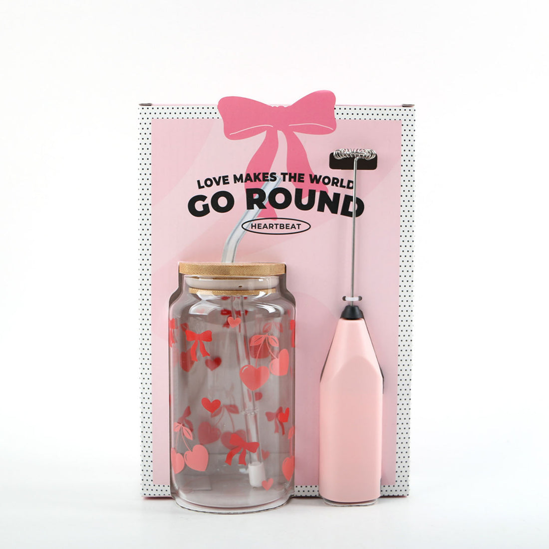 Pink glass coffee tumbler with red heart print, gold lid, electric frother bottle set