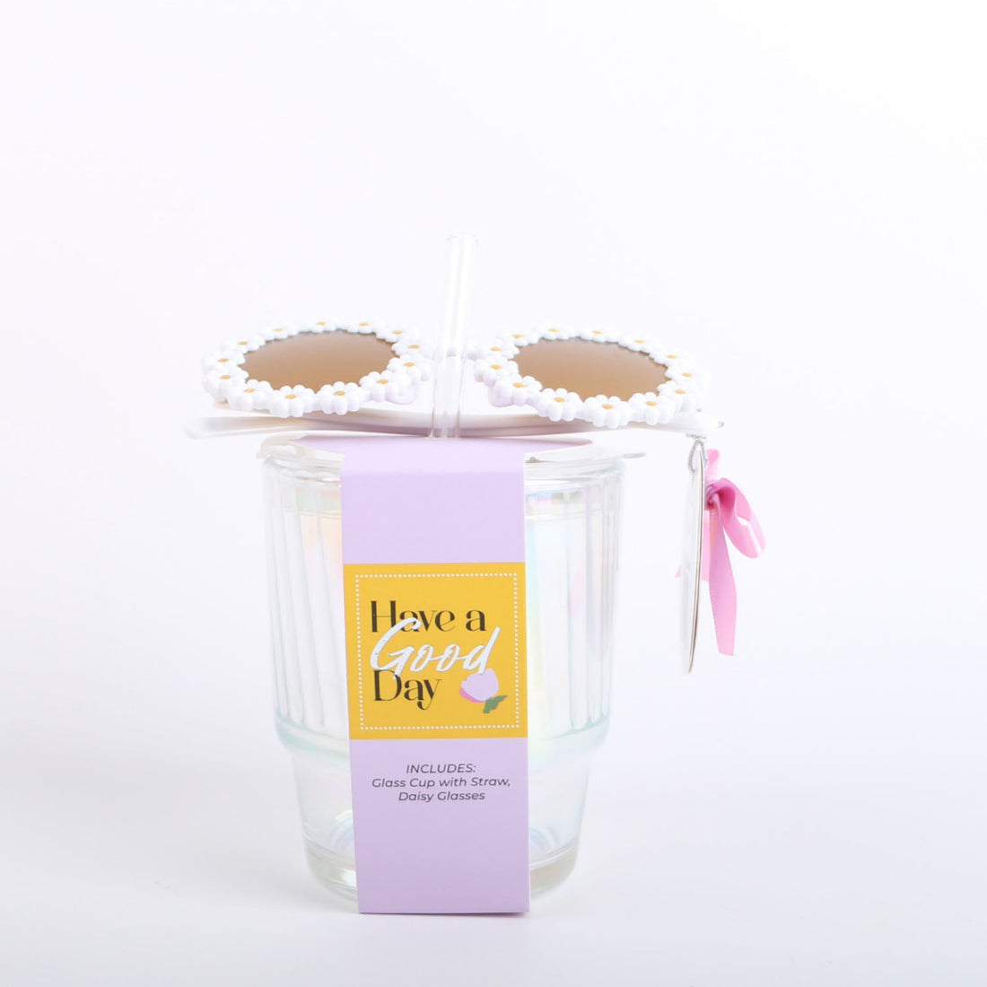 Clear gift cup with white lid, piped top, pink ribbon and card tag