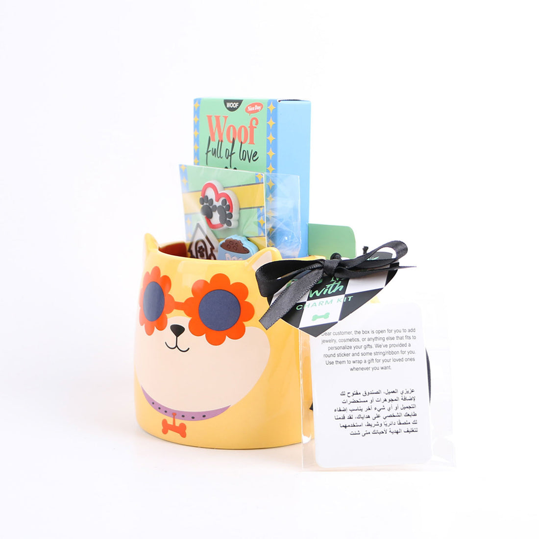 Yellow ceramic dog-face mug gift set with ribbon swing tag and charm cards