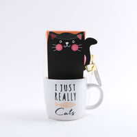 Cat-themed ceramic mug gift set with boxed cat design behind, white mug with printed text