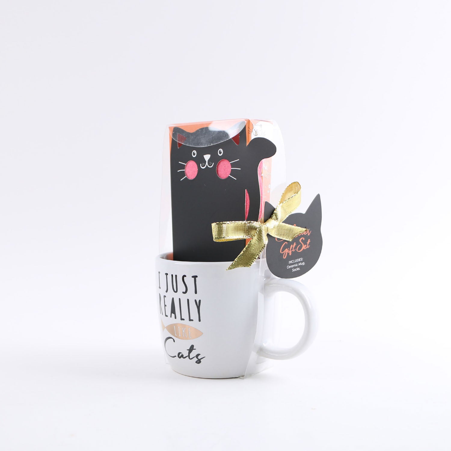 Cat ceramic mug with gift box and gold ribbon bow, white mug with 'I JUST REALLY Cats' text