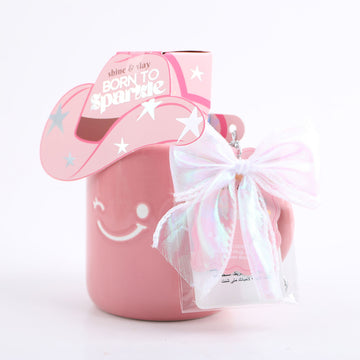 Ceramic cup gift set pink with hat and bow decoration 1