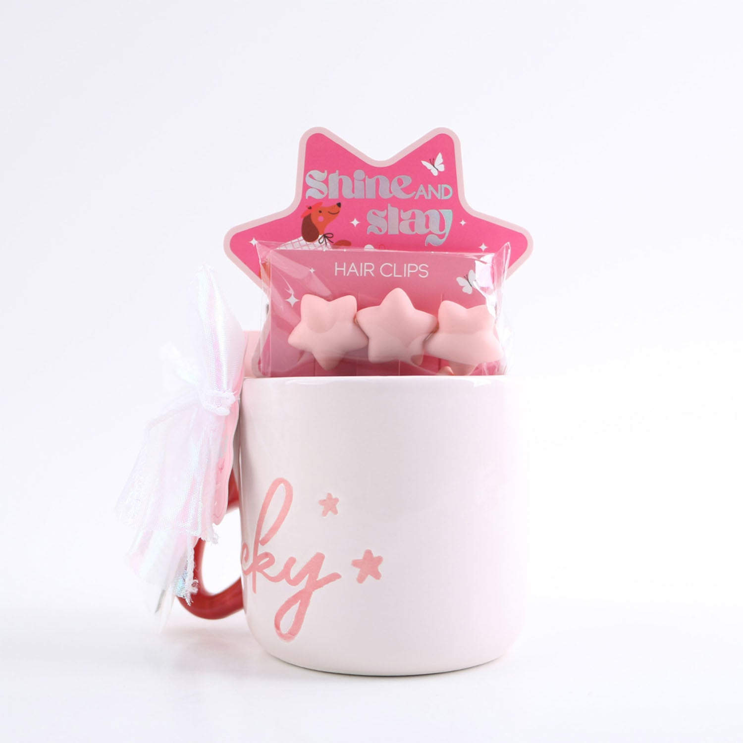 Pink Star Hair Clip Accessory Mug Set 2