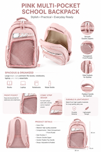 Pink kids school backpack with front zip, double pockets, padded straps and top handle.