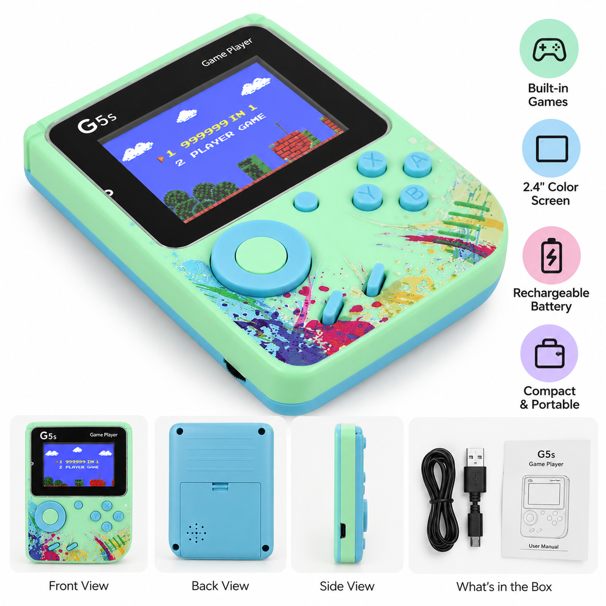 Mint handheld game console with 2.4-inch color screen, D-pad and face buttons