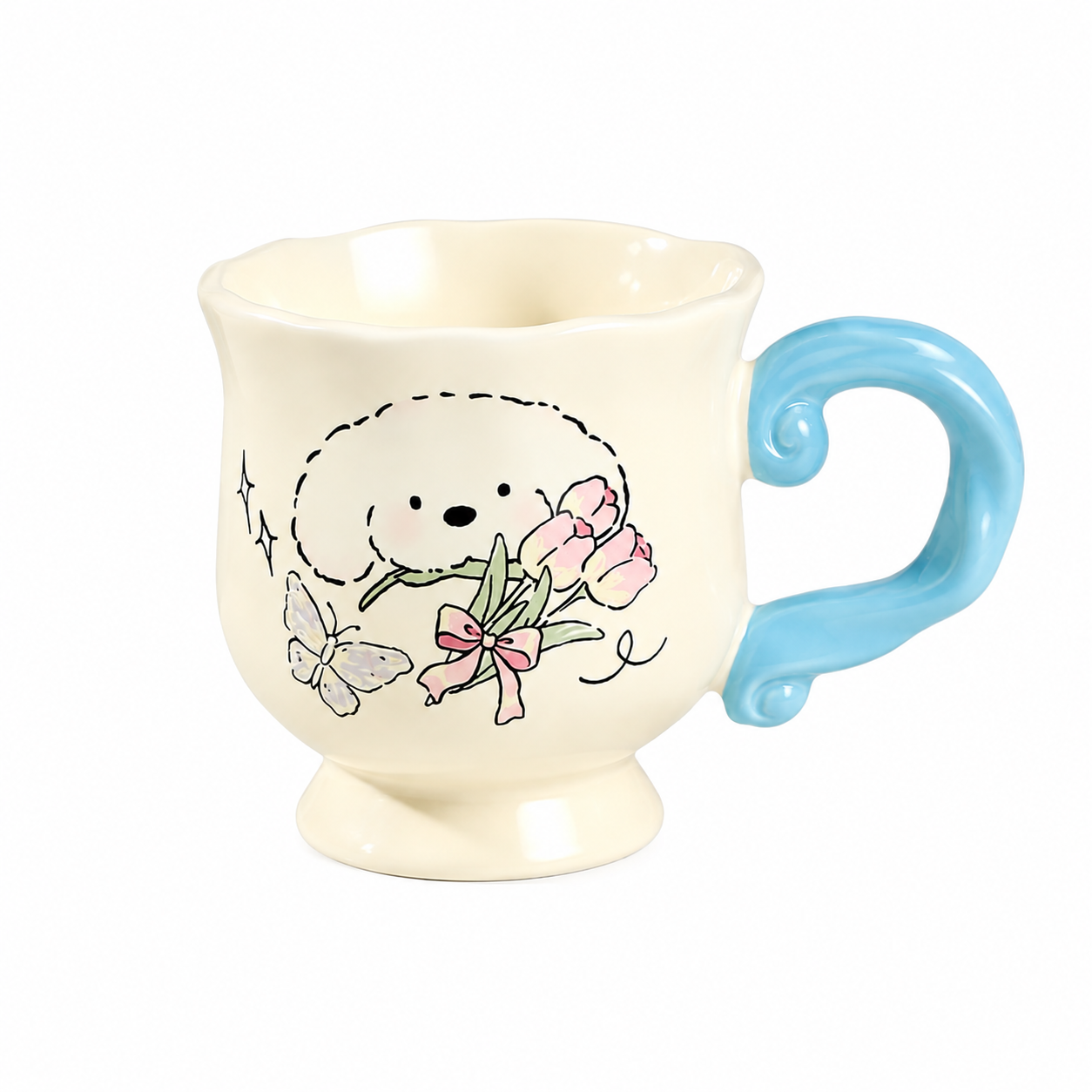 كوب سيراميك بمقبض أزرق فاتح وأرنب وردي مع باقة زهور