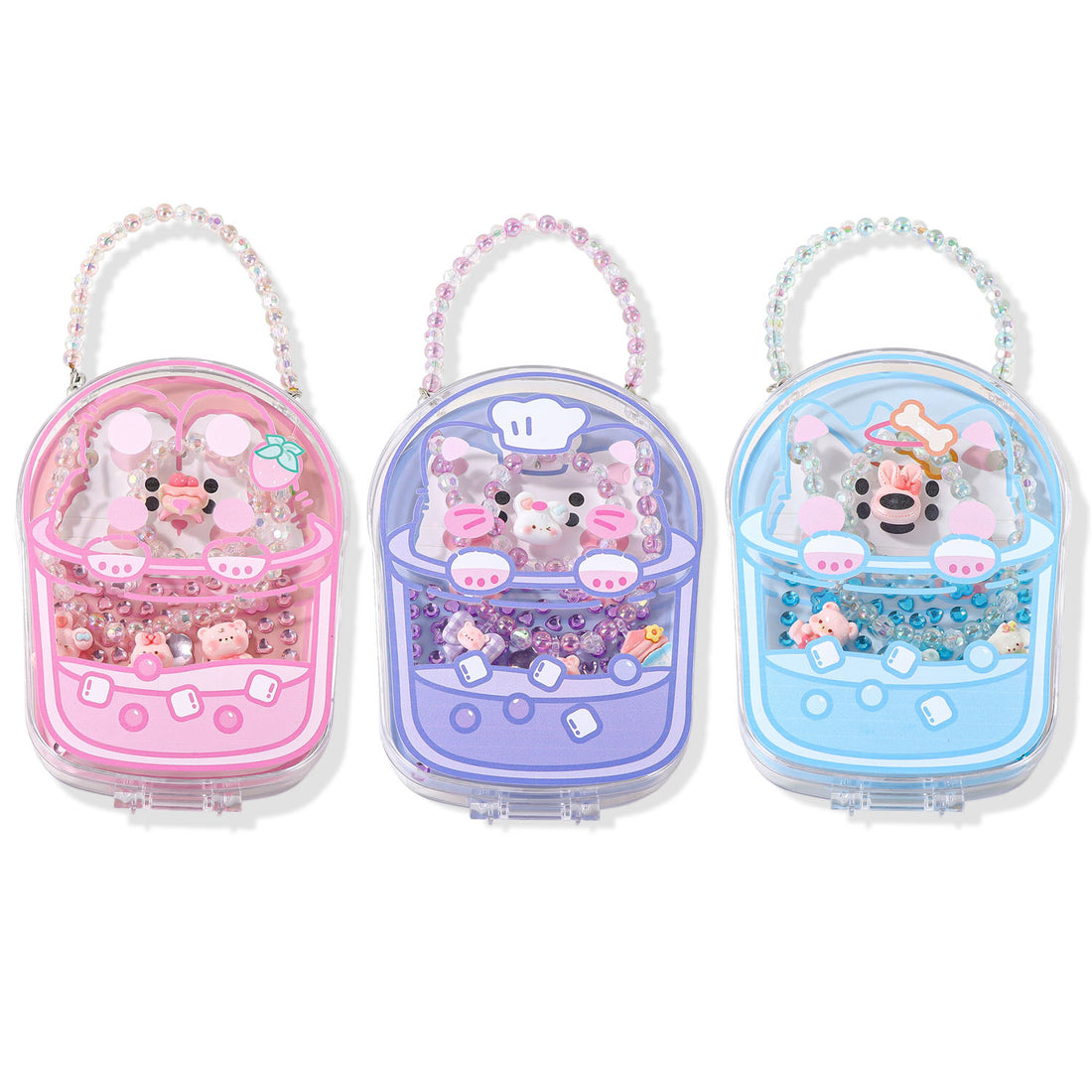 Set of three transparent cartoon handbags in pink, purple, and blue with beaded handles