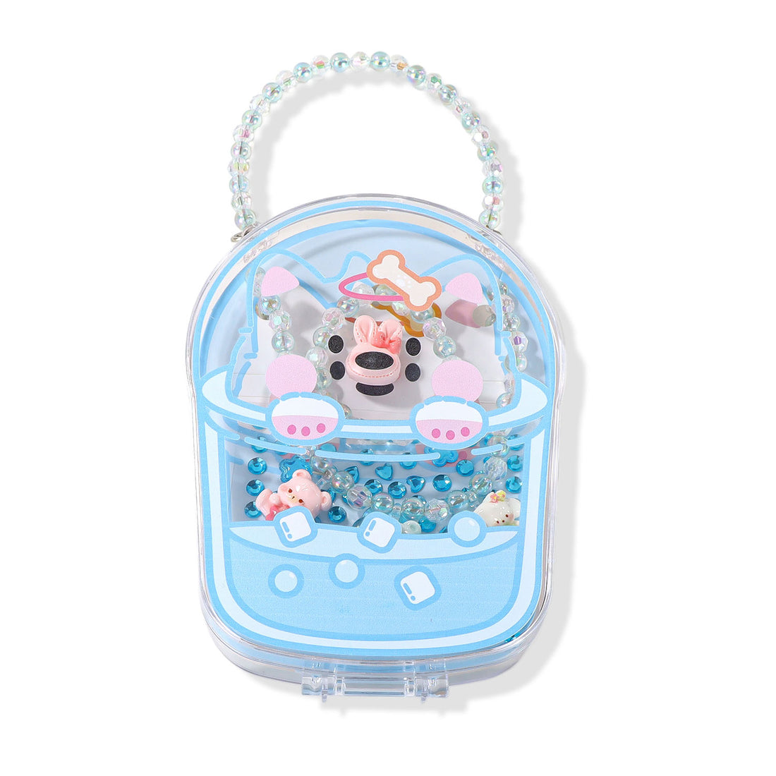 Blue transparent cartoon handbag with sparkling beads and beaded handle